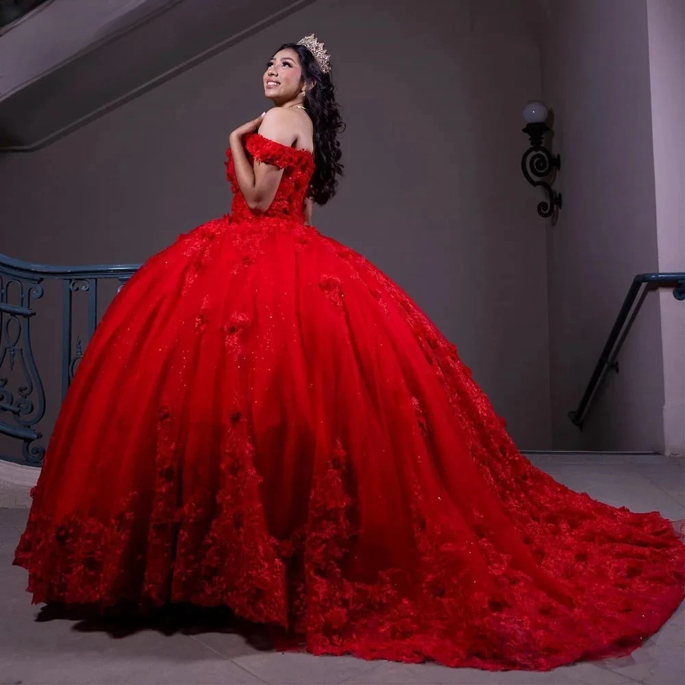 Vestidos de Quinceañera de princesa roja, vestido de baile sin hombros, apliques de tul, dulce 16 vestidos, 15 Años, mexicano