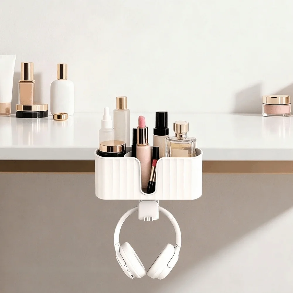 Plastic 4 in 1 Desk Headphone Hanger Space Saving Detachable Clip-on Pen Cup Holder with 2 Wire Holes Desk Organizer