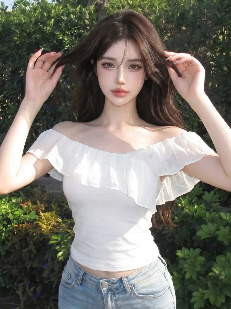 

Slim Fit Short Sleeve T-Shirt Women's Summer New One Shoulder Hem Design Casual Versatile Short Top City Walk Pure Color