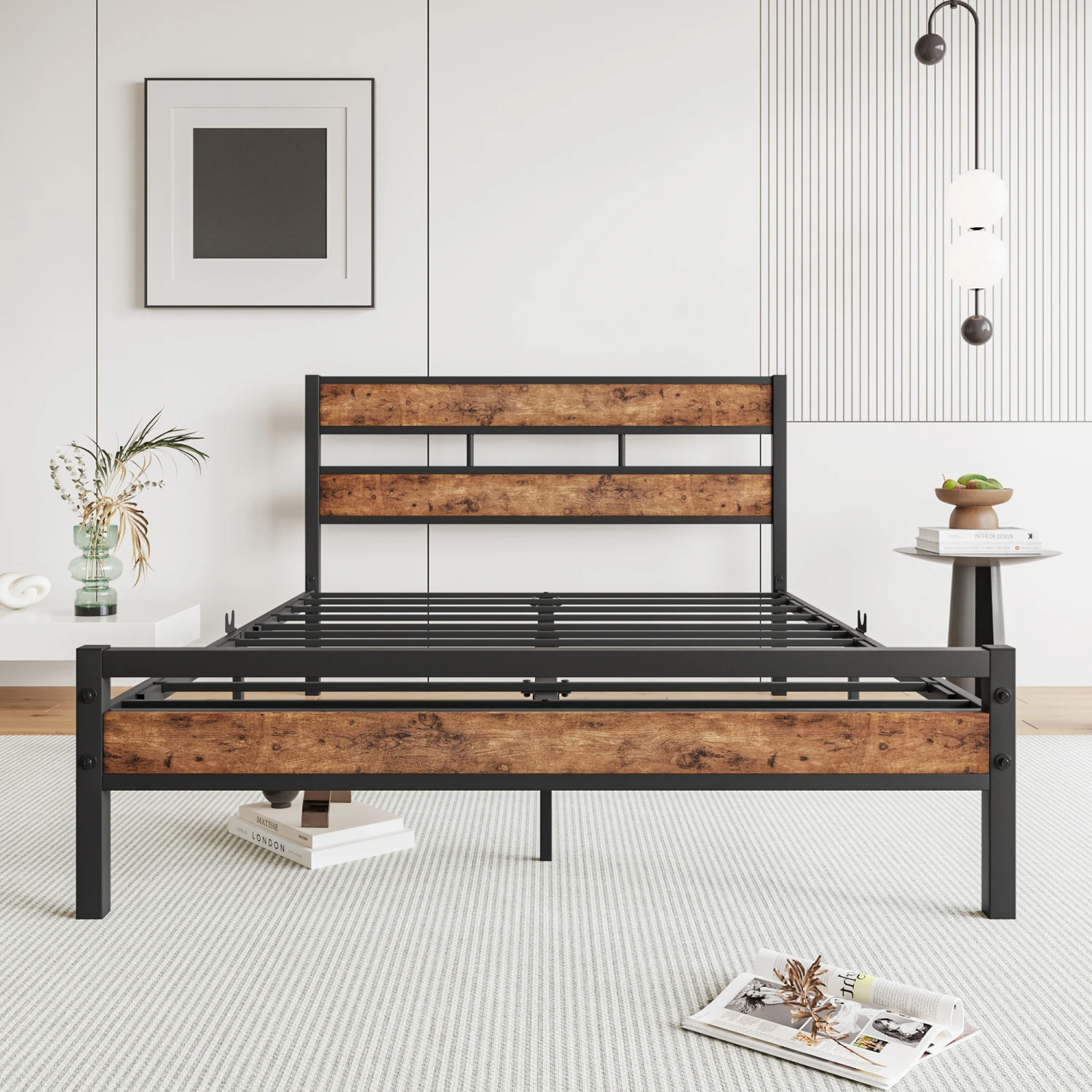 

Full Size Platform Bed Frame with Rustic Vintage Wood Headboard, Strong Metal Slats Support, No Box Spring Needed