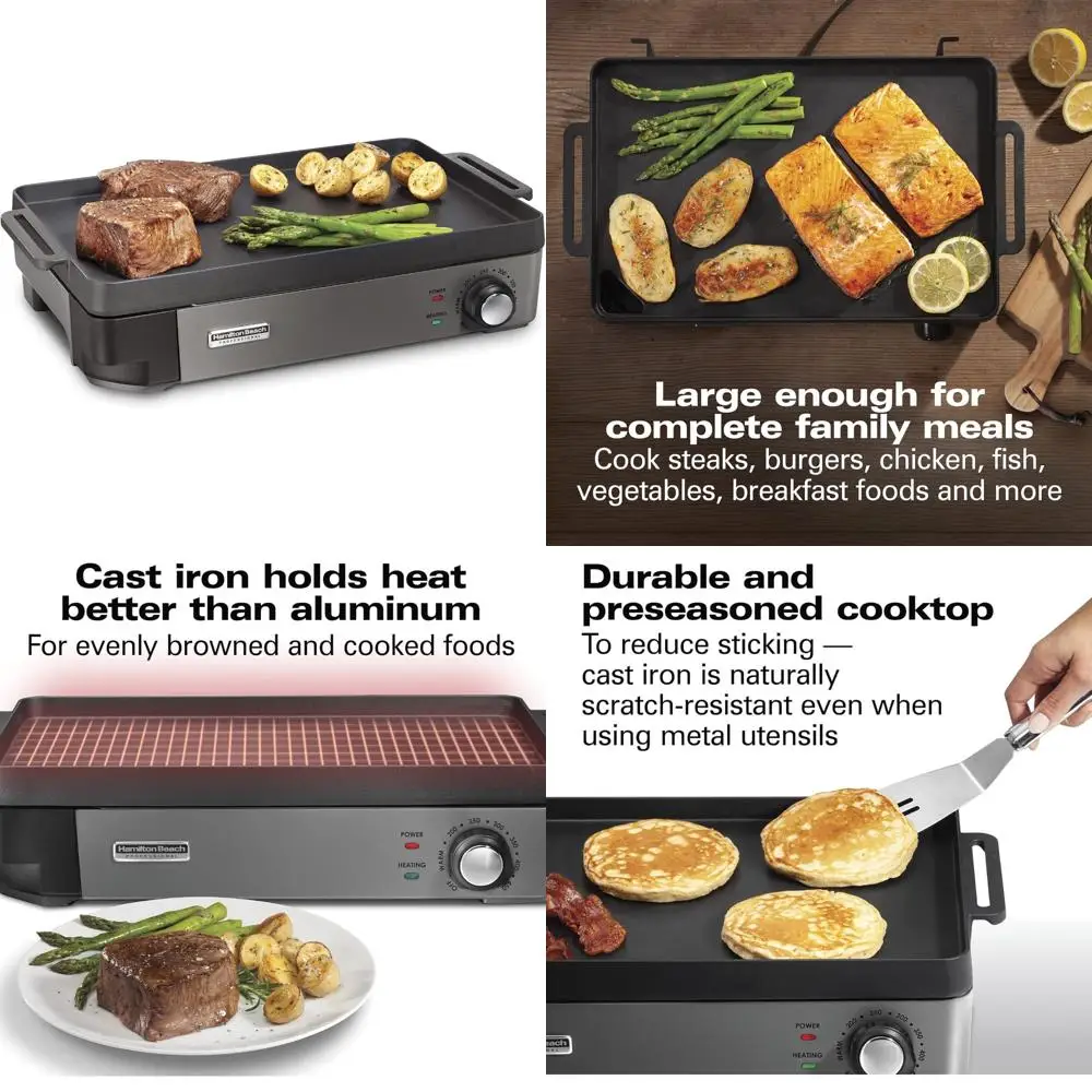 

Hamilton Beach Cast Iron Electric Grill and Griddle, 10x16 Inch Preseasoned Surface, Adjustable Temperature Control