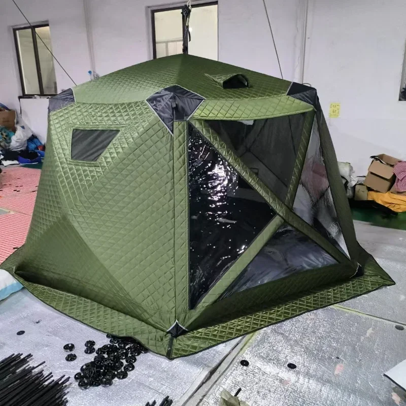 Hot Selling Three Layer Waterproof Insulation Winter Ice Fish Cube Pop Up Tent Transparent Skylight Sauna Tent with Chimney Hole