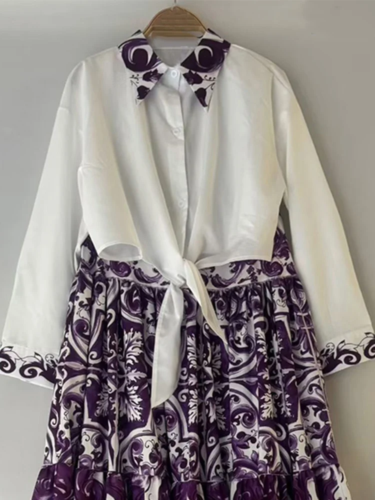 패션 봄 여성 신상 투피스 라펠 긴팔 밑단 레이스업 허리 셔츠+하이웨이스트 A라인 빅 스커트 여성 정장