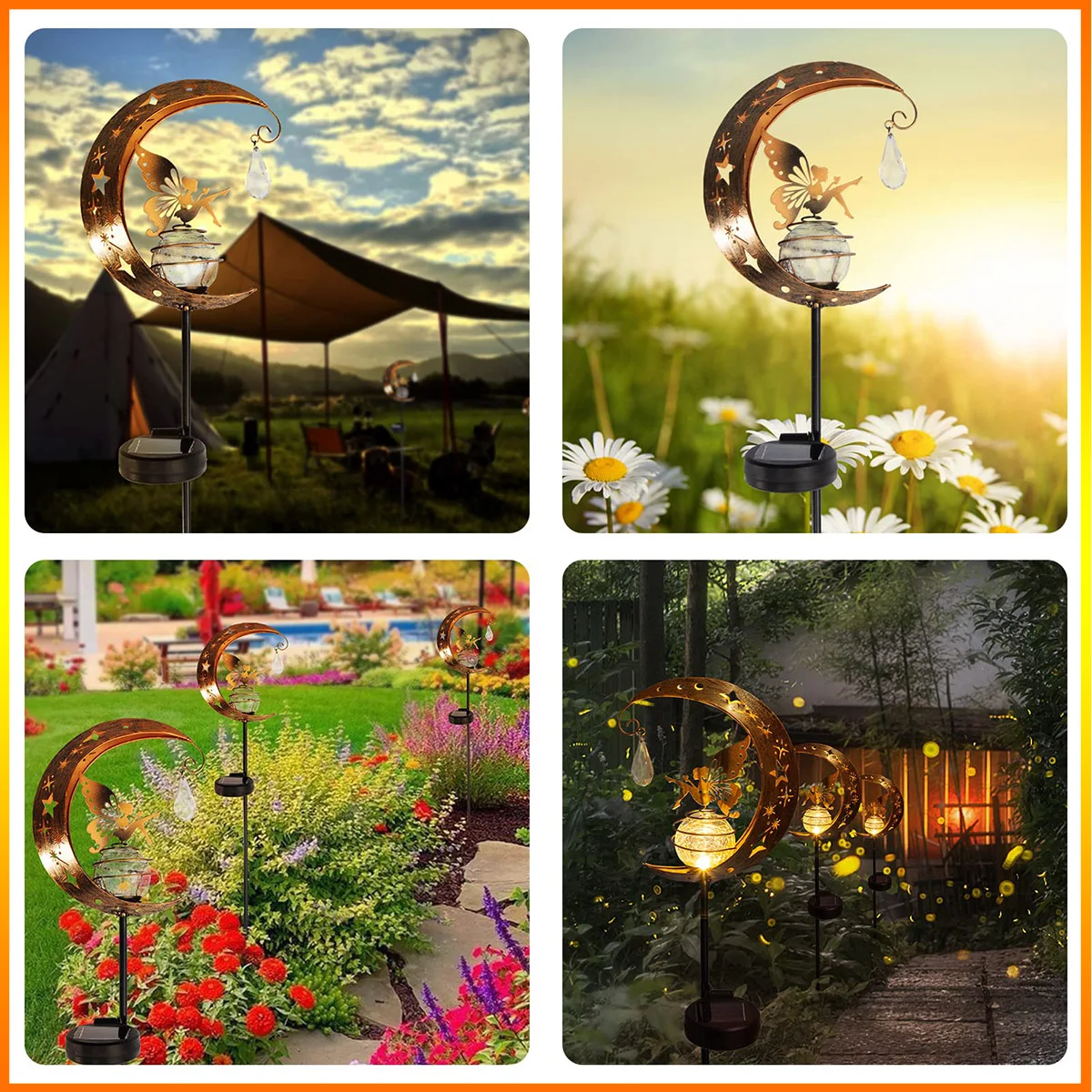 Moon Fairy Garden Solar Stake Light Outdoor Crackle Glass Globe with Metal Angle Stake Light Decoration for Lawn Patio Backyard