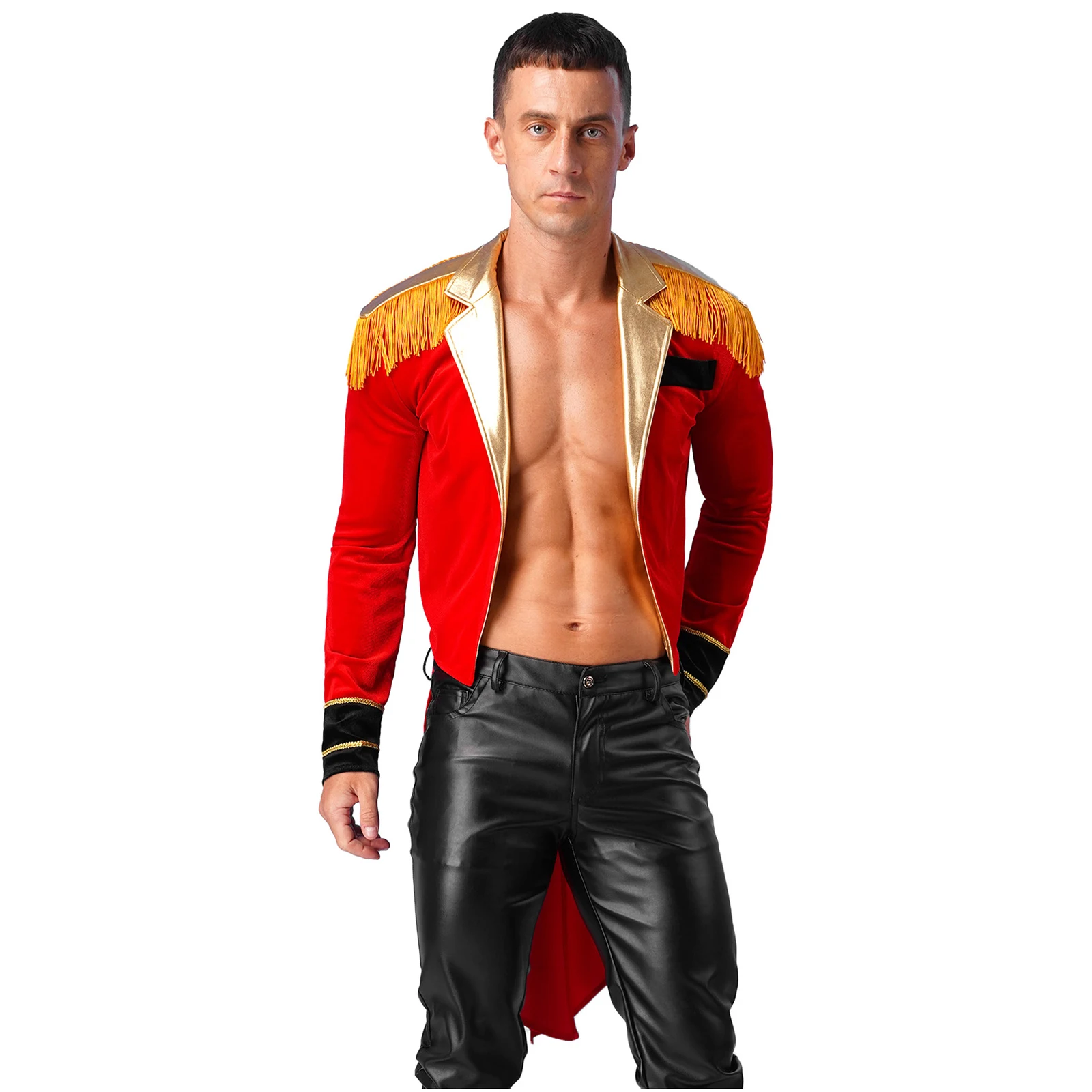 

Halloween Costume Men Circus Ringmaster Jacket Long Sleeve Tassel Velvet Tailcoat Showman Swallow-Tailed Coat for Dress Up Party