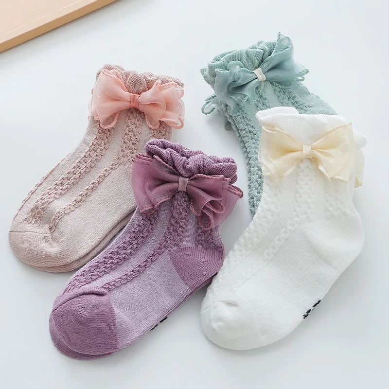 Girls' Socks Spring Autumn and Winter Korean Edition Bow Tie Children's Lace Sock Lace Baby Princess Sock Student Girls' Socks