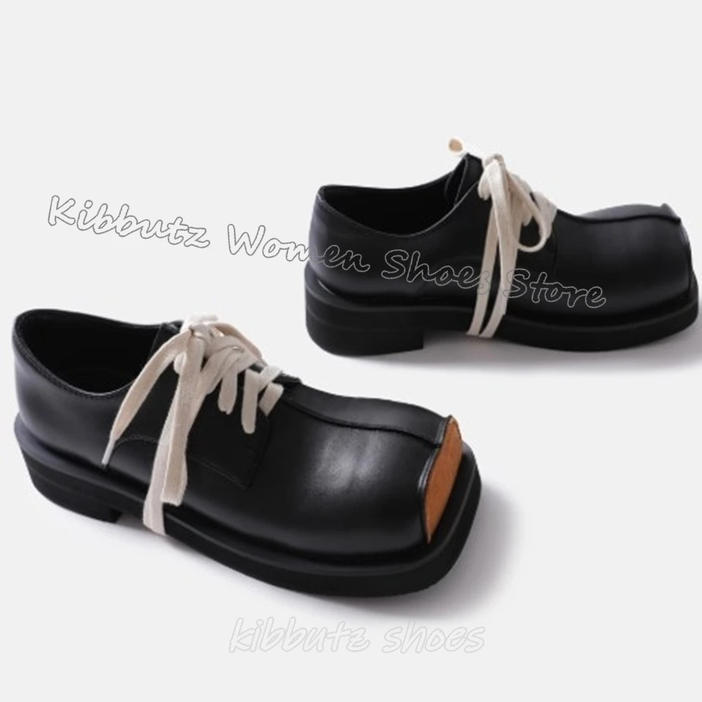 Lace-Up Pumps Platform Fashion Concise Elegant Novelty Formal Square Toe Chunky Heel Genuine Leather Mixed Color Women Shoes New
