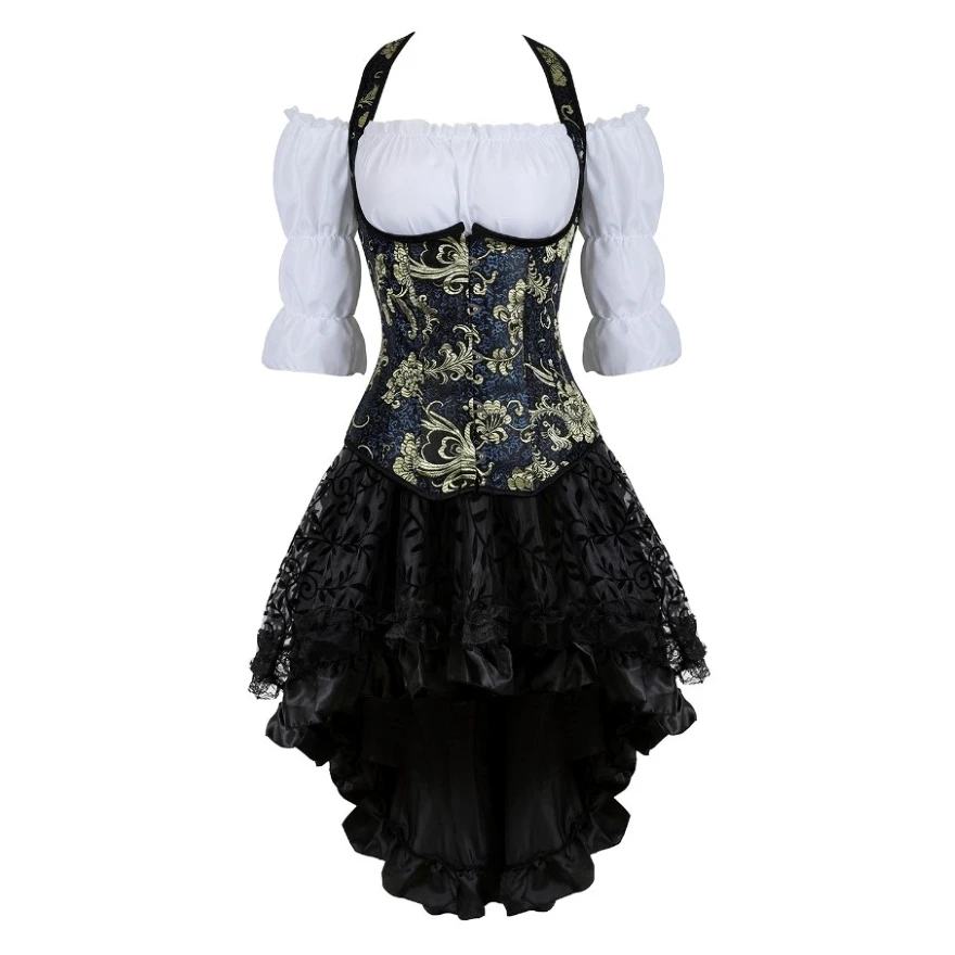 

Renaissance Blouse Steampunk Sexy Satin Underbust Corset Top With Gothic Asymmetrical Floral Lace Skirt Set Three-Pieces Outfits