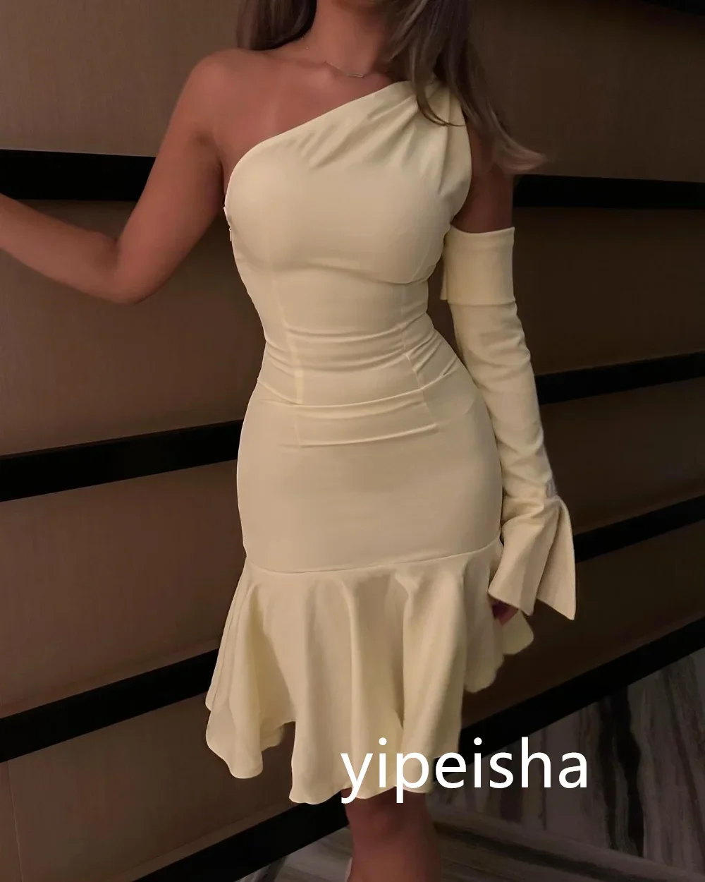 Customized Fashion Jersey Pleat Mermaid One-shoulder Knee Length Dresses Evening Dresses Classic Exquisite Modern Style Pastrol  image 5