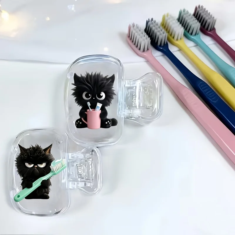 2pcs Black Kittens Toothbrush Storage Box, Bathroom Accessory