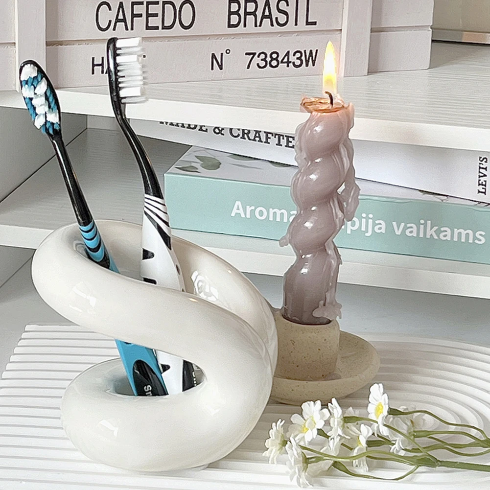 Bathroom Ceramic Toothbrush Holder Rope Knot Nordic INS Home Decoration Tooth Brush Holder Dressing Table Makeup Organizer Shelf