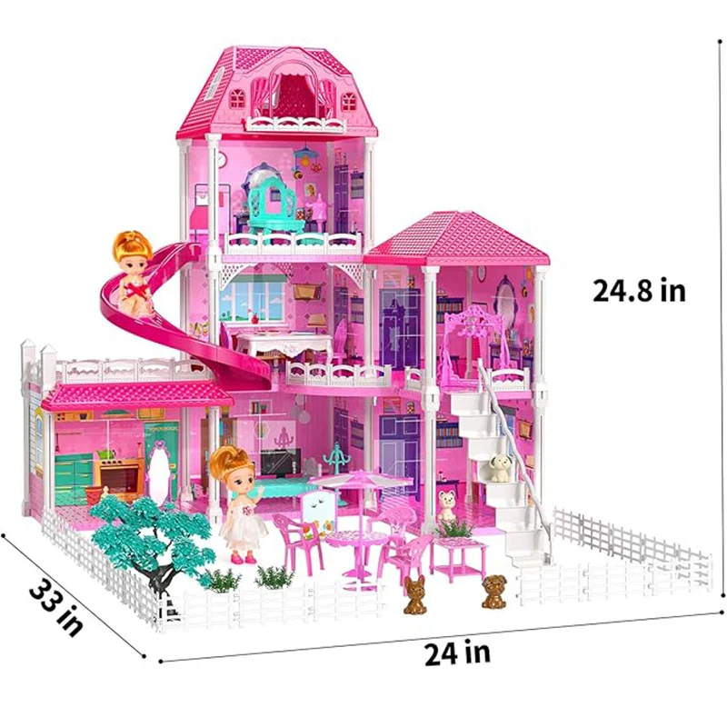 TEMI Villa Toys For 3-8 Girls. 3 Storeys, 6 Rooms. Playset With 2 Dolls & Accessories. Pretend Play, Building Toys, Gift.