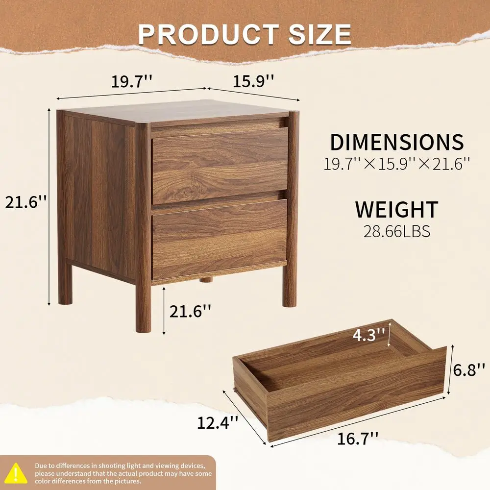 2 Pcs Nightstand Sets for Bedroom,Walnut Farmhouse Bedside Tables with 2 Drawers and 4 Sturdy Solid Wood Legs,Multifunctional W - view 2