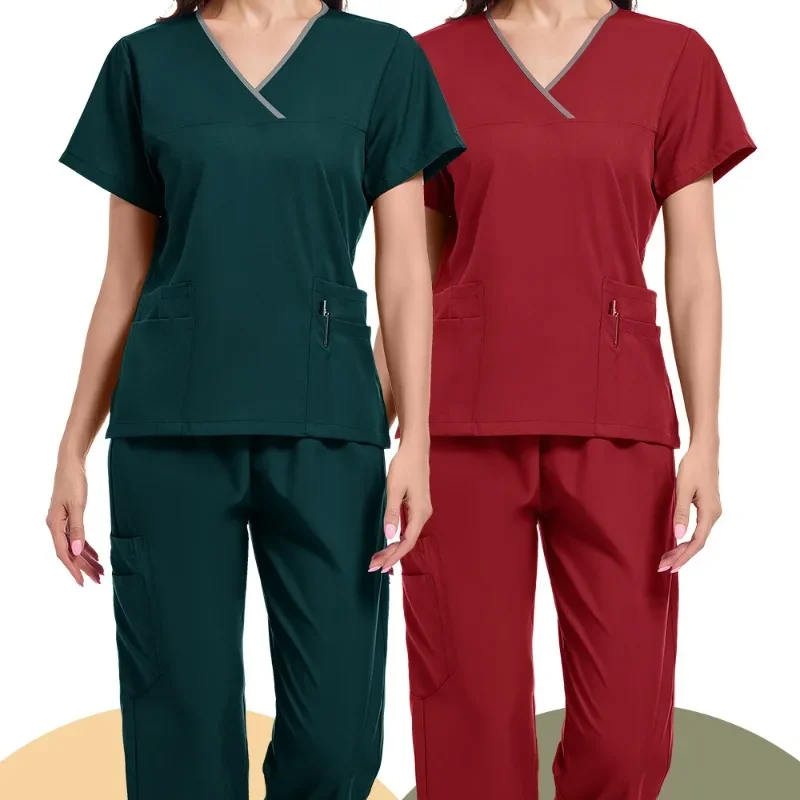 Women Medical Uniforms Elastic Scrubs Sets Hospital Surgical Gowns Short Sleeve Tops Pant Nursing Accessories Doctors Clothes