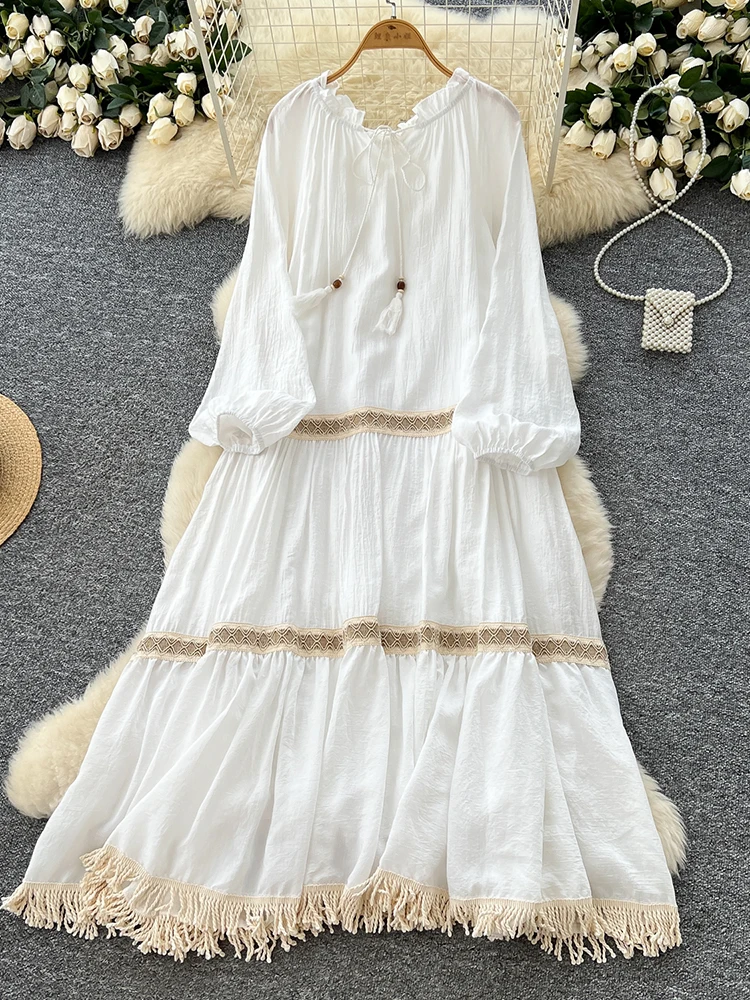 Spring Autumn Women\'s Vacation Long Sleeved Dress Bohemian Retro Loose A-line Large Swing Tassel Long Dress D46