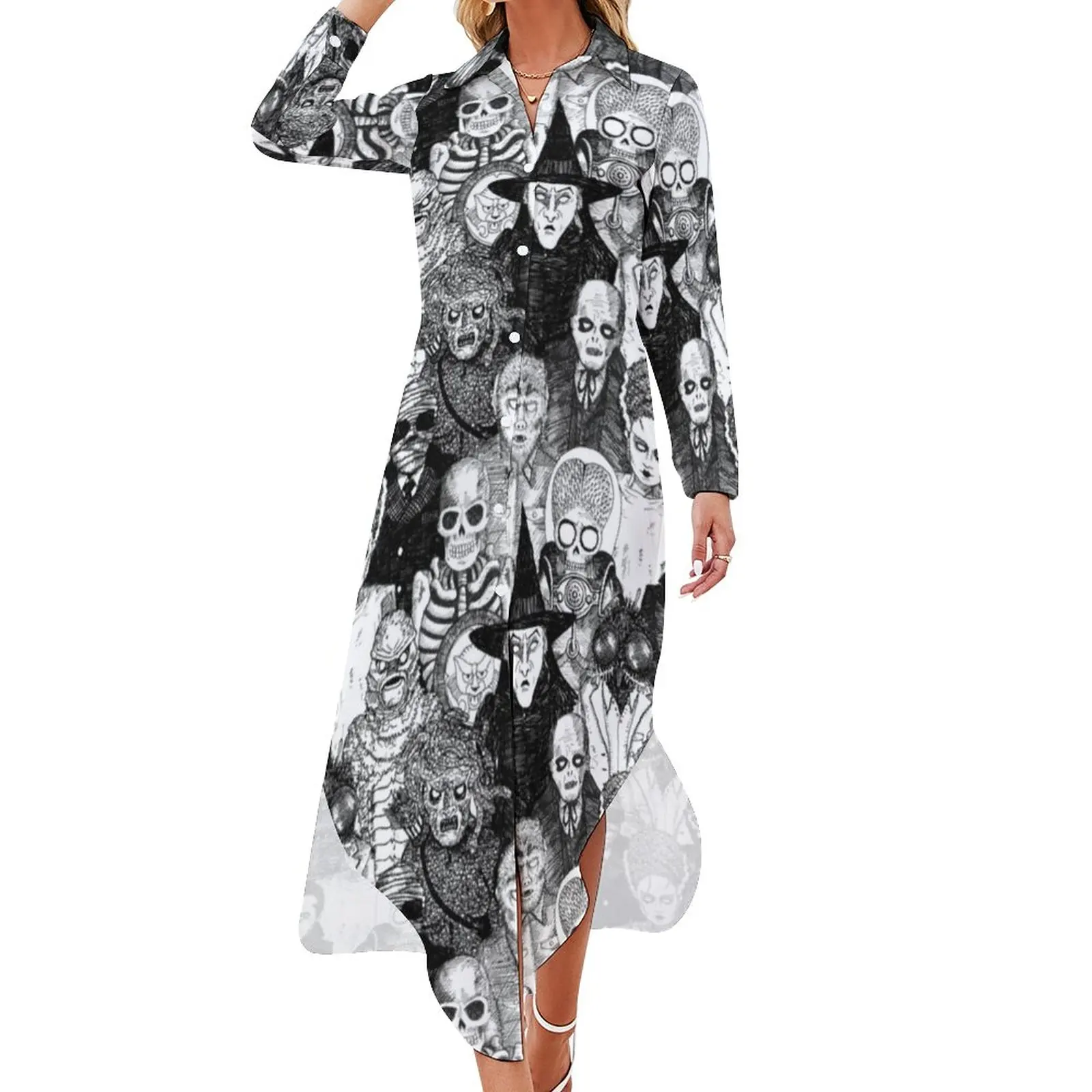 Skeleton Print Chiffon Dress Horror Monsters Kawaii Dresses Street Wear Casual Dress Womens Sexy Pattern Vestidos 4XL 5XL 6XL