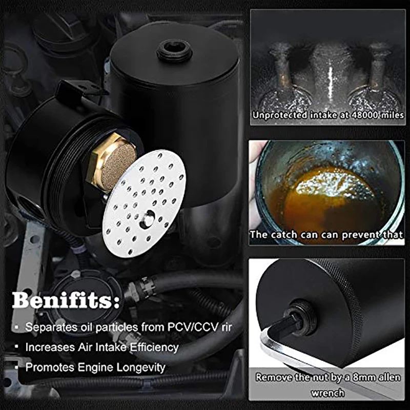 Tanque de captura de óleo universal, 300ml, compacto, desconectado, 2 portas, reservatório de alumínio, tanque de combustível, chaleira respirável de dois furos