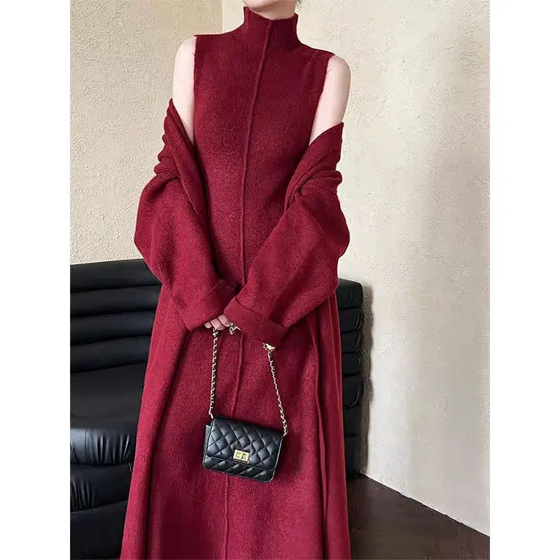 

High-end Autumn Winter Temperament Sleeveless Knitted Dress Long Knitted Cardigan Two-piece Set Women Sweater Dresses Outfits