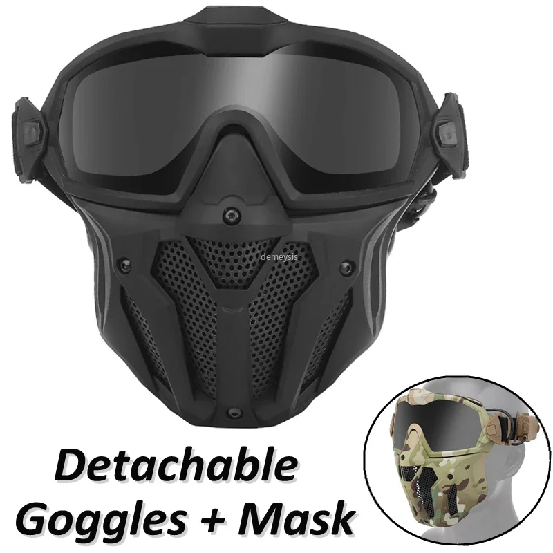 

Tactical Mask + Detachable Goggles with Micro Fan Airsoft Paintball Half Face Protective Mask for Hunting Shooting Cs Game