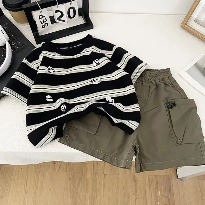Summer Children Boys Clothing Kids Panda Stripes T-Shirt Shorts 2Pcs/Set Toddler Leisure Sport Suits Baby Cotton Tracksuits