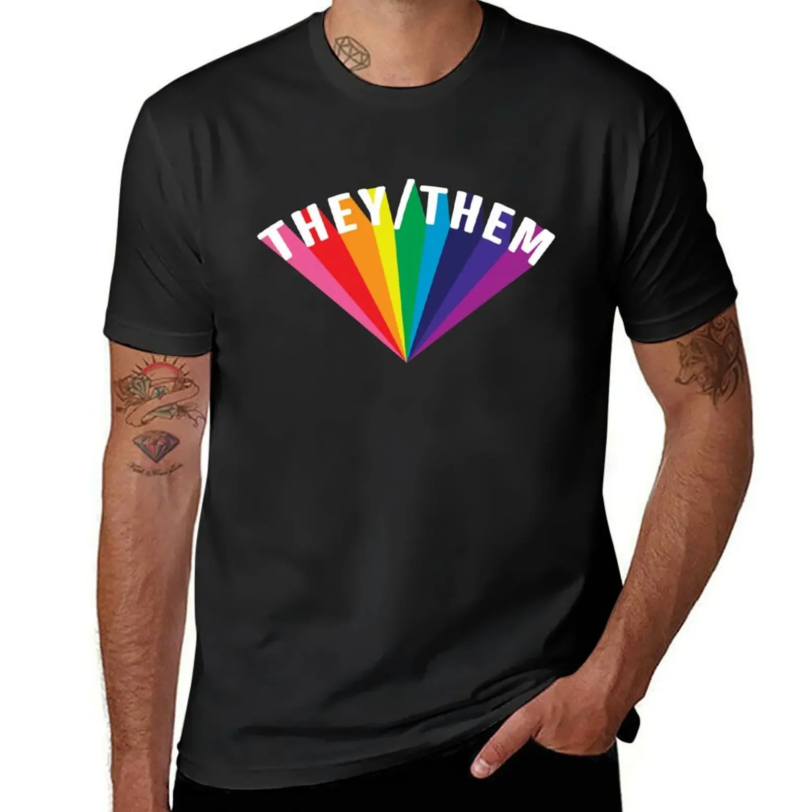 They/Them Pronouns Rainbow Burst T-Shirt quick-drying summer tops oversized Men's cotton t-shirt