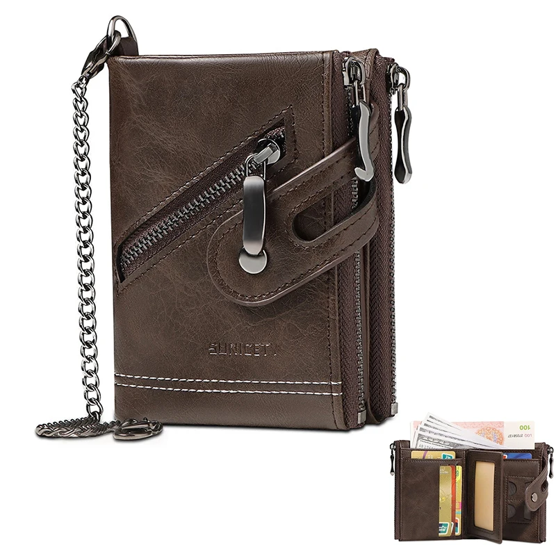 

Мужские кошельки из искусственной кожи с RFID-блокировкой, кошельки для мужчин, противоугонный кошелек с цепочкой и двойными карманами для монет на молнии