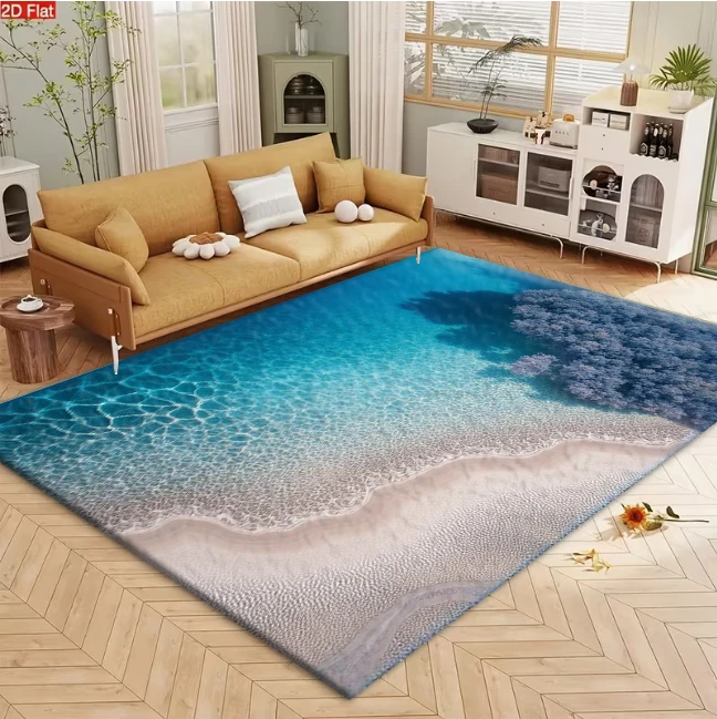 Aerial View Tropical Beach Ocean Forest Carpet Flooring, Natural Seascape Non-Slip Floor Rug for Living Room Bedroom Home Decoration