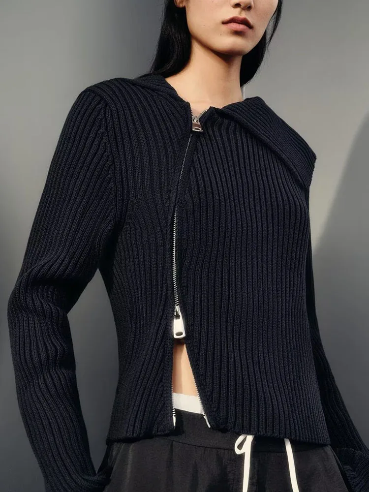 سترة أنيقة محبوكة بأكمام طويلة وياقة بسحاب، موديل جديد للخريف، كارديجان نسائي عصري مخطط قصير مفتوح من الأمام للمراهقات