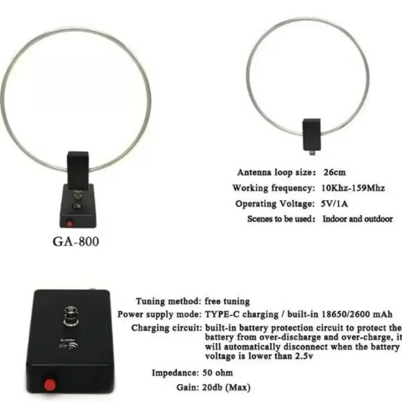 GA-800 Active Loop Antenna 10KHz-159MHz HF Shortwave for Milliwatt SSB Receiver Electronic ComponentGoods in stock