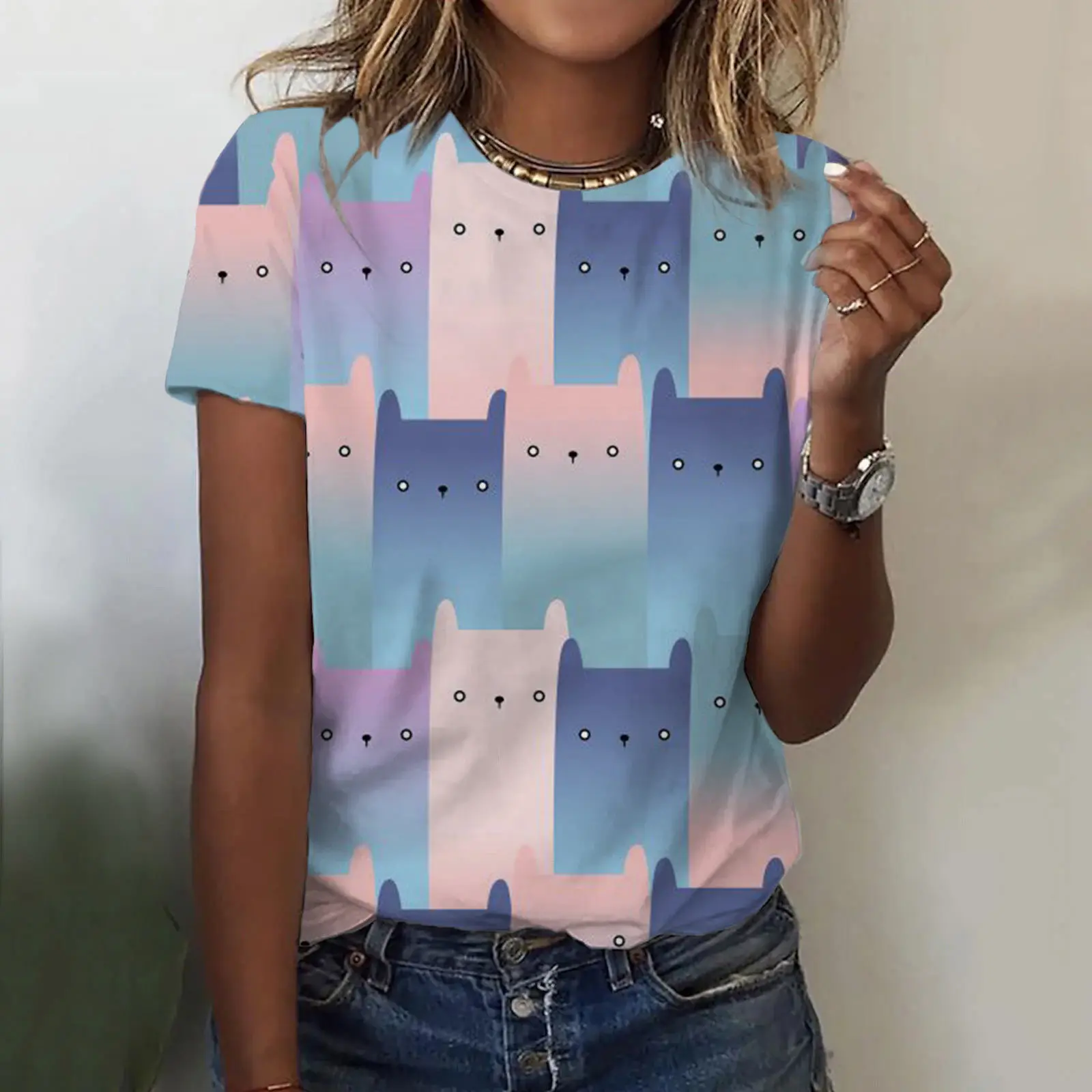 

Popular Cute Kitten Print Women Round Neck T-shirt Casual Style Slim Fit Short Sleeved Quick Drying Fashion Vacation Clothing