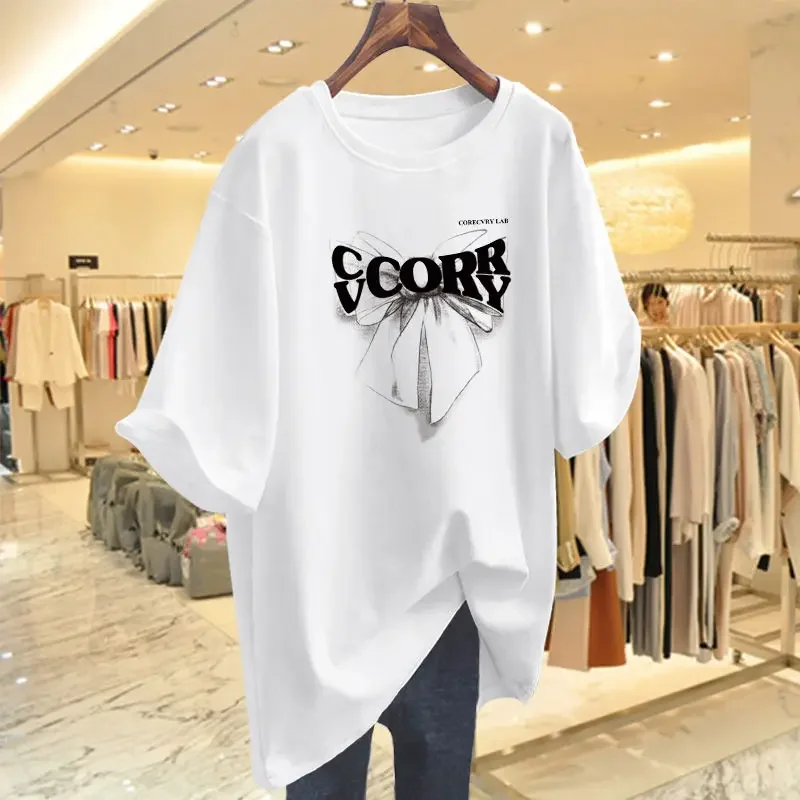 Women Short Sleeve T-shirt Summer Y2k Printed Hip Hop Basics O-neck Top Tees Loose Fashion Pure Cotton Pullovers