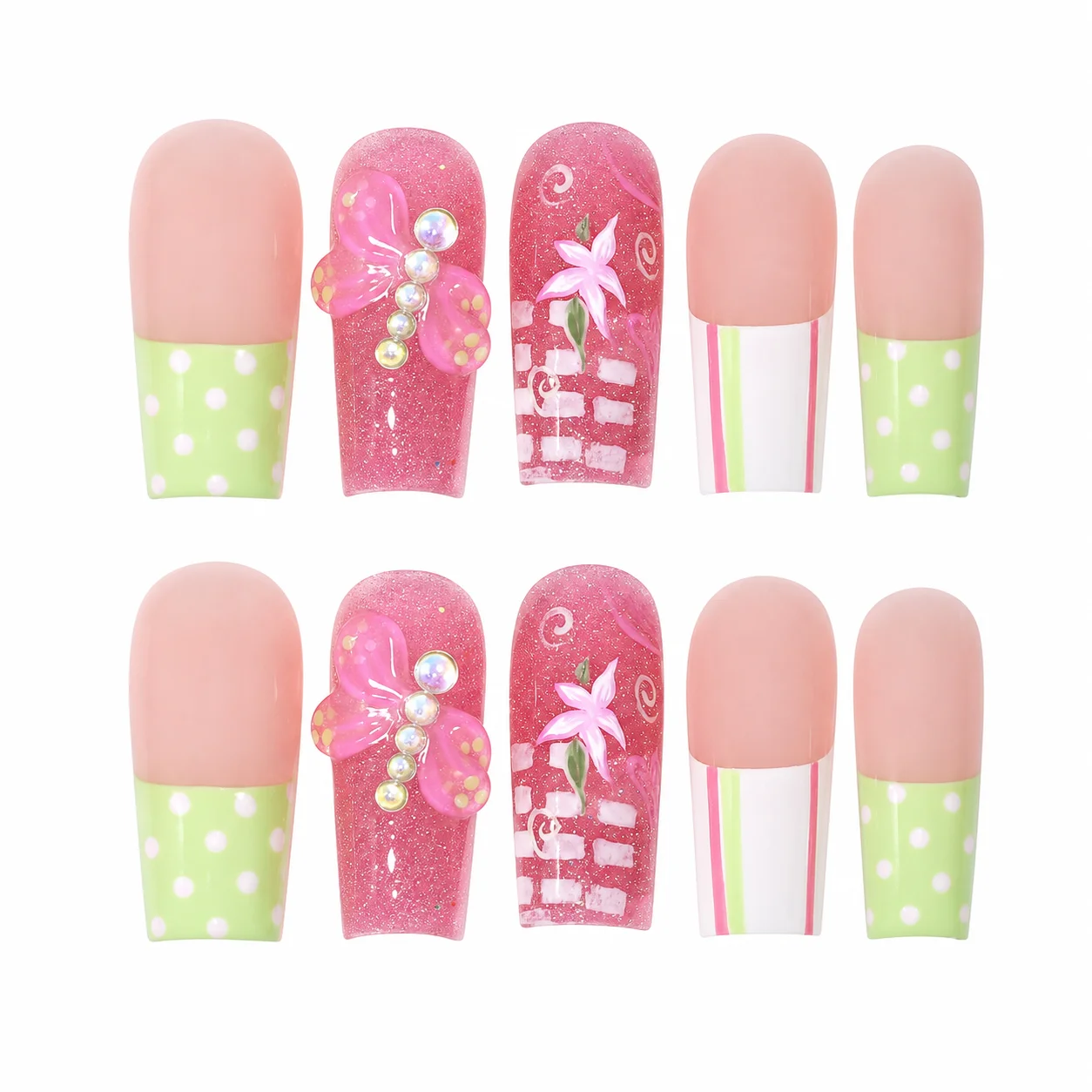 24 Stück Flash Pink Lange Eckige Künstliche Nägel Bunte Streifen Französischer Stil Falsche Nägel Blumen Graffiti Libellen Dekor Aufklebenägel – Detail 2