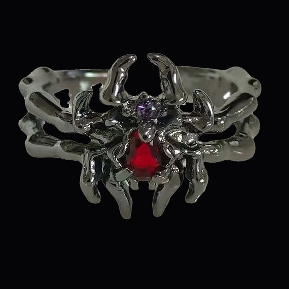 Vintage Alloy Dark Spider Open Ring For Men Punk Trend Street Jewelry Inlaid Gemstone Spiders Halloween Ring Couples Gift Items