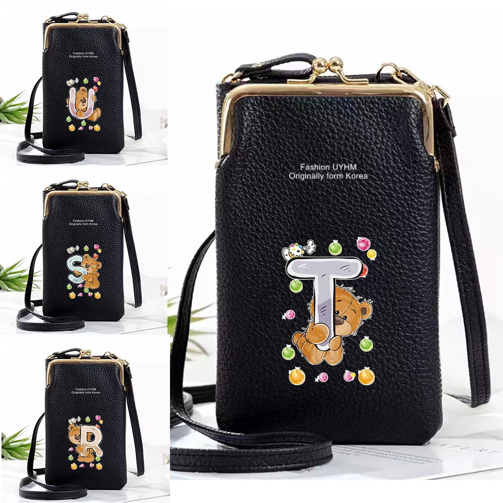 Women Wallet Shoulder Leather Bags Mobile Phone Bag Money Pockets Girls Mini Bag Card Holder Wallet Bear Initial Name Handbag