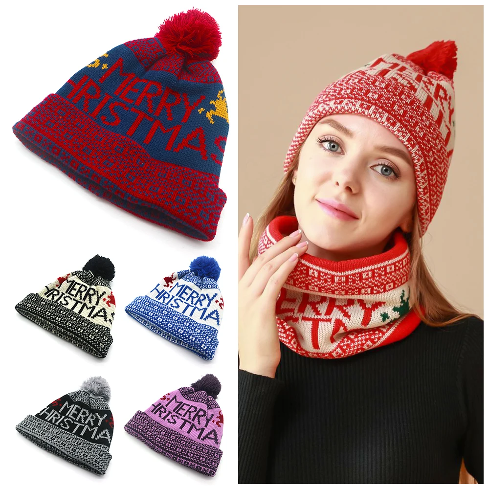 Fashion Winter Warm Chirstmas Knitted Hat Elk Snowflake Knitted Beanies Pompom Valentine's Day Casual Cap Gift