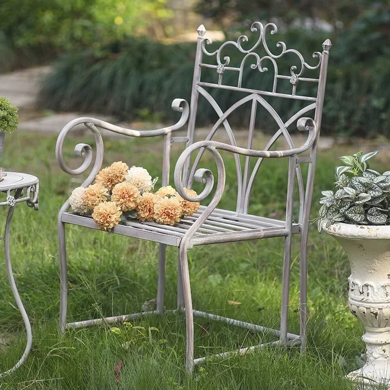 Vintage Wrought Iron Outdoor Garden Chair, Distressed Gray, Scrollwork Design, with Armrests, 24x20x39 Inch