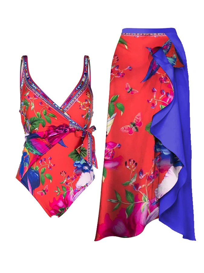 

Vintage Women's Bikini Fashion Trend Contrasting Color Printing Sexy Deep V One-Piece Designer New Beach Vacation Swimsuit