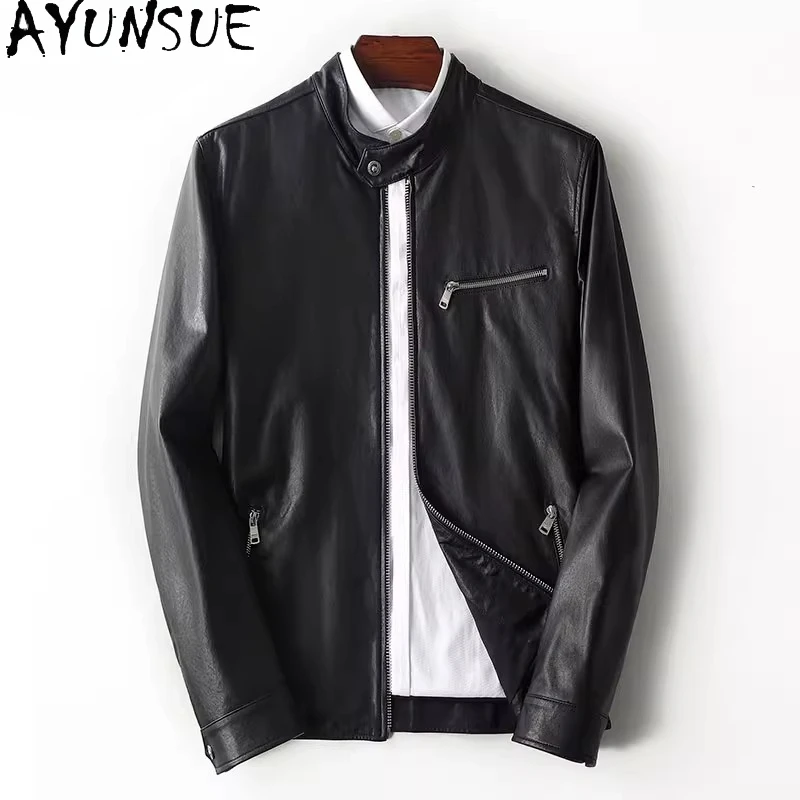 

AYUNSUE High Quality Vegetable-tanned Sheepskin Jacket Man Leather Coat Stand Collar Motorcycle Genuine Leather Jackets Short