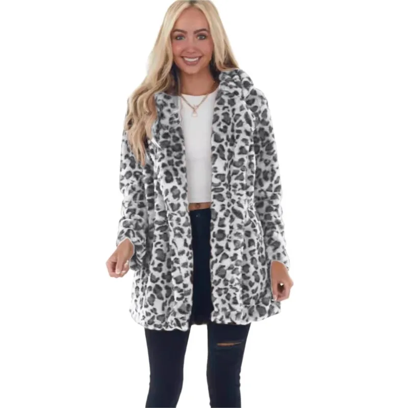 سترة Winterjas Voor Dames الشتوية بطبعة الفهد سترة دافئة بأكمام طويلة وطية صدر السترة معطف فرو عصري متعدد الاستخدامات Ropa Para Mujer