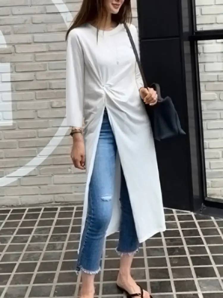 2024 ZANZEA Women Solid Blouses Asymmetrical Long Tops Fashion Casual Long Sleeve Pleated O-Neck Loose Shirt Split Blusas Femme