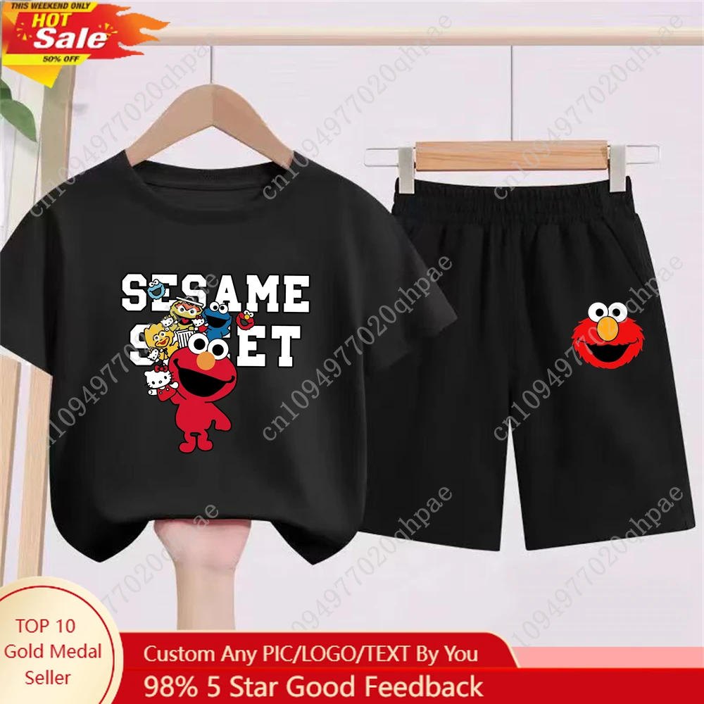 Elmo cartoon Kids Tee Top Boys Girls Set T-shirt Shorts 2pcs Tracksuit Outfit leisure Children Summer Clothes SESAME STREET