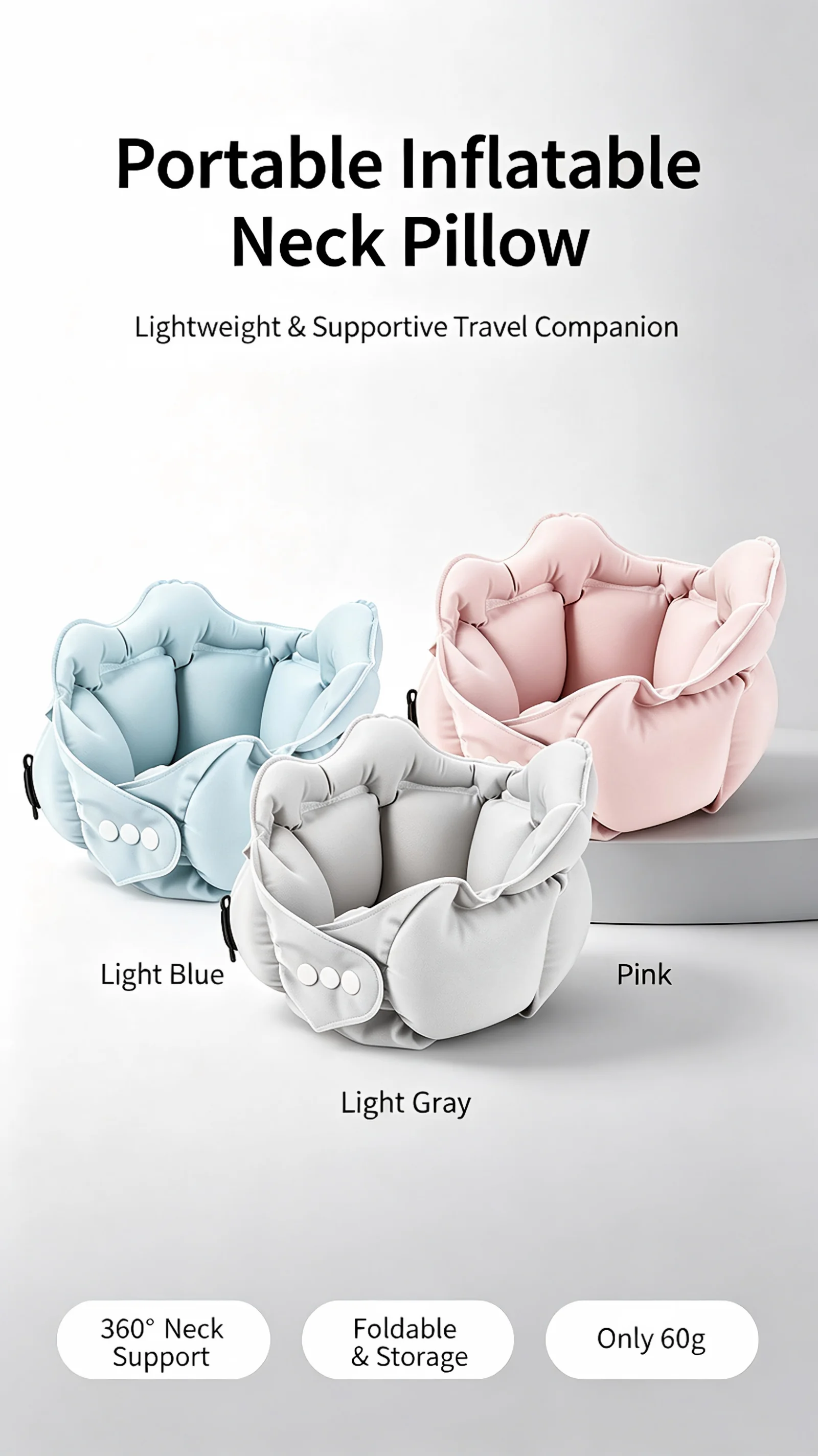 2-in-1 Pump & Storage Case Inflatable Neck Pillow, 360° Support for Airplane, 10s Inflation, Car & Travel, Easy Carry & Clean