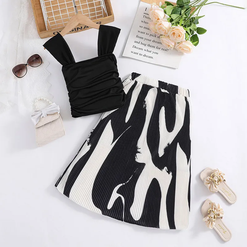 8 to 12 Years Girls Skirt Sets Summer Clothes Black Sleeveless Camisole Abstract Pattern Print Skirt