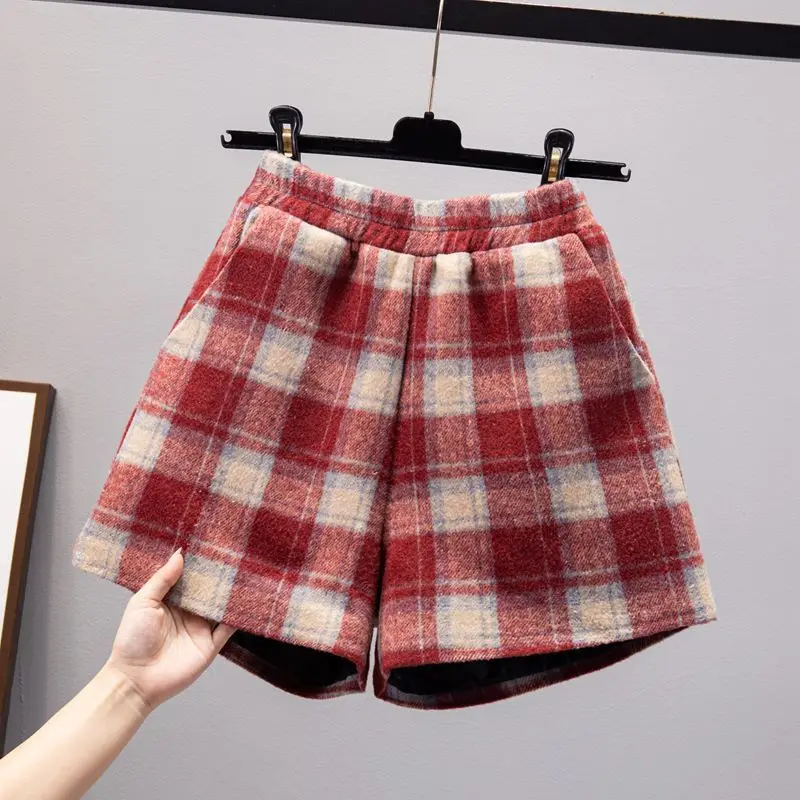 2023 New Shorts Loose High Waist Straight Autumn Winter Thin Printing Plaid Casual Temperament Women's Clothing Wide Leg Pants