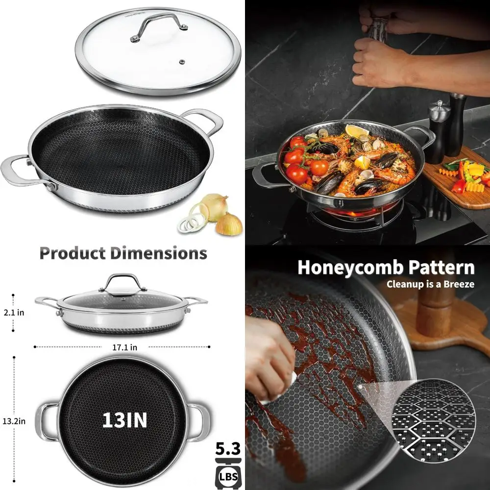 

Nonstick 13 Inch Skillet with Lid, Stainless Steel Paella Pan, Multi-Functional Cookware, Dishwasher and Oven Safe, Two Handles,