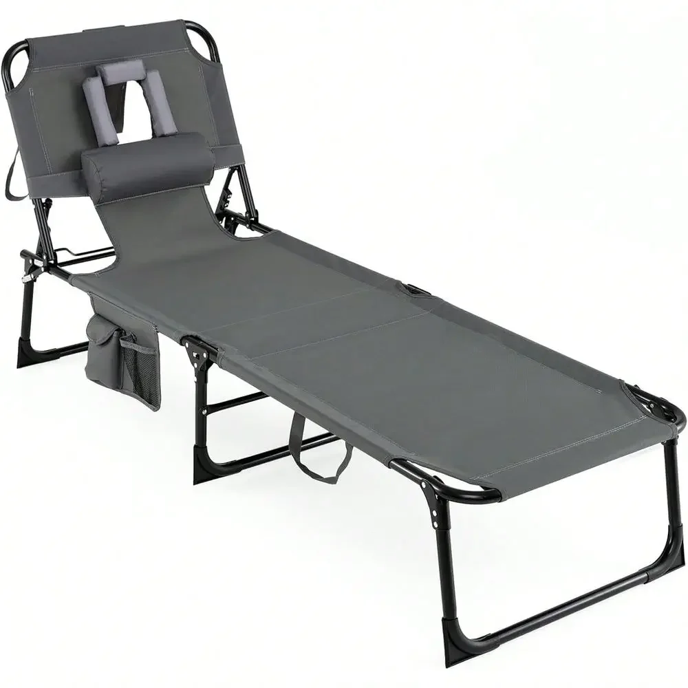 Chair With Face Hole, Folding Beach Lounge Chair With 4Position Adjustable Backrest, Pillow Side Pocket, Foldable Chaise Lounge
