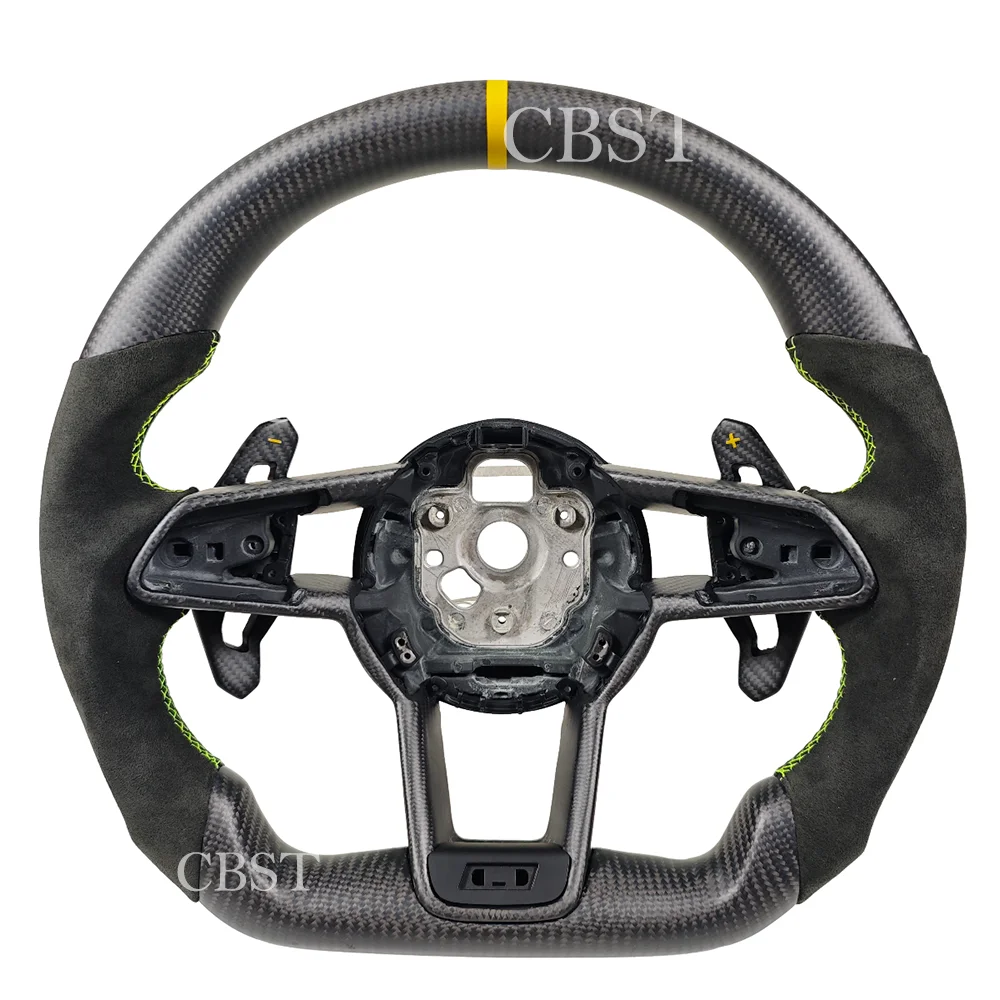 Volante de fibra de carbono 3K para Audi R8 TT TTS MK3 2016-2022 Performance Coupe adorno deportivo de cuero de ante de fondo plano