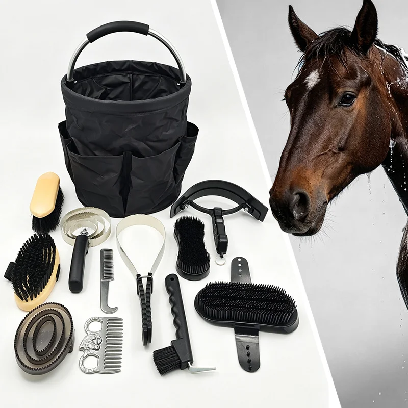 12 PCS Horse Grooming Kit Large Capacity Foldable Storage Bucket Horse Brush Comb Sweat Scraper Hoof Pick Set for Care Cleaning