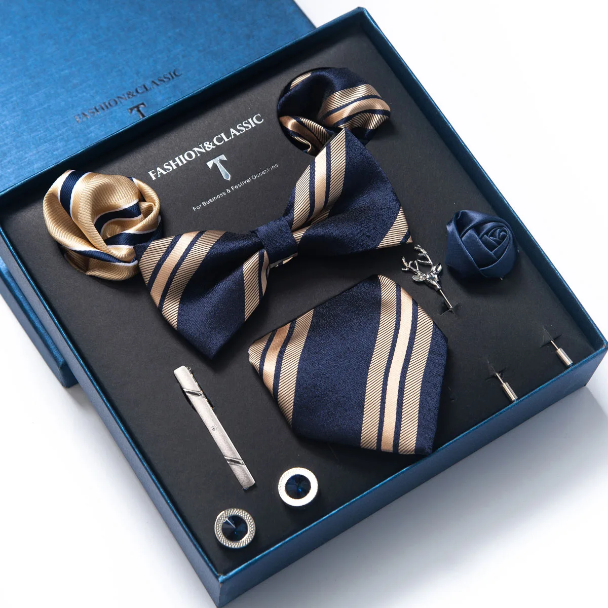 Luxury Gift Box Tie Set 8 cm Cravat Pocket Squares Pin Set Blue Golden Stripe Inside Packing Festive Present Holiday Gift Men