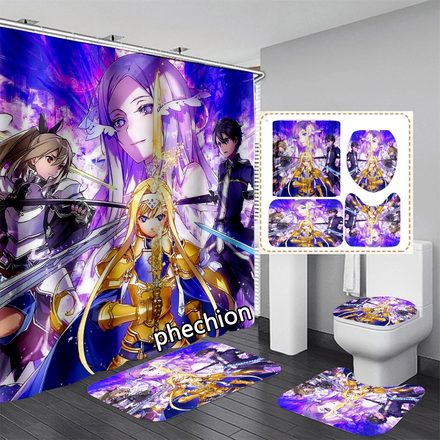 phechion Sword Art Online 3D Print Waterproof Bathroom Shower Curtain Toilet Cover Mat Non-Slip Floor Mat (1/3/4Pcs) W68